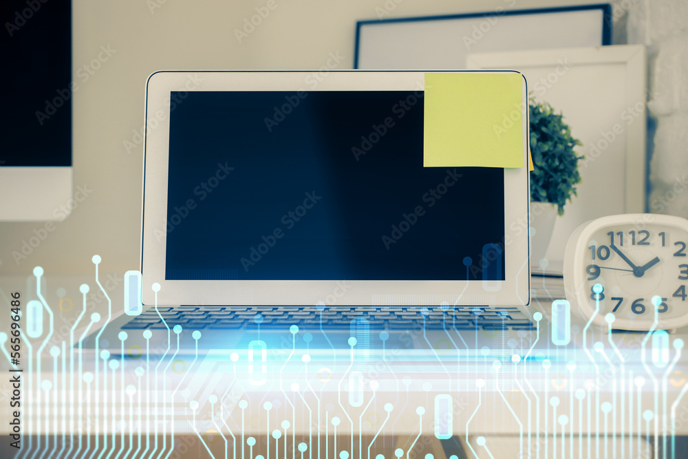 Poster technology theme drawing and work space with computer. double exposure. concept of innovation.