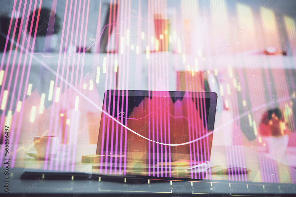 Poster Stock market graph on background with desk and personal computer. Multi exposure. Concept of financial analysis.