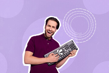 Magazine collage poster of excited guy electronic gadget shop assistant using keyboard playing like...