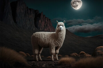 Obraz premium Alpaka bei Vollmond