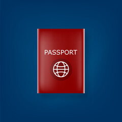 Vector red international passport cover design template isolated on stylish blue background. Red Passport icon with white simple earth globe and shadow