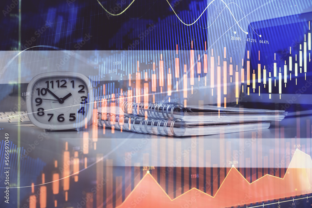 Aufkleber stock market graph on background with desk and personal computer. multi exposure. concept of financi