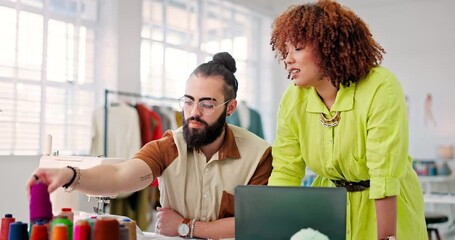 Laptop, team and man consulting fashion designer, mentor or boss for idea, vision and planning in a workshop. Design, partners and online search for by people coworking on project, creative and goal - Powered by Adobe