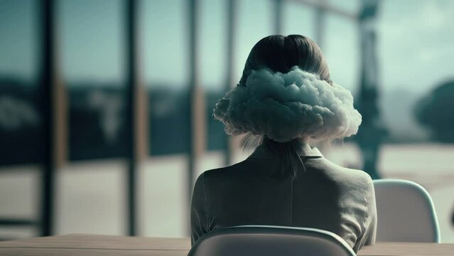 Cinemagraph of businesswoman sitting at table with big cloud over her head, ai generated
