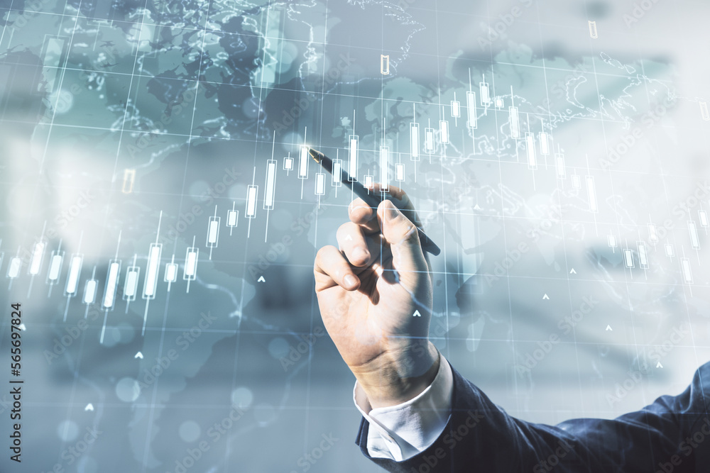 Aufkleber multi exposure of man hand with pen working with abstract financial diagram and world map on blurred
