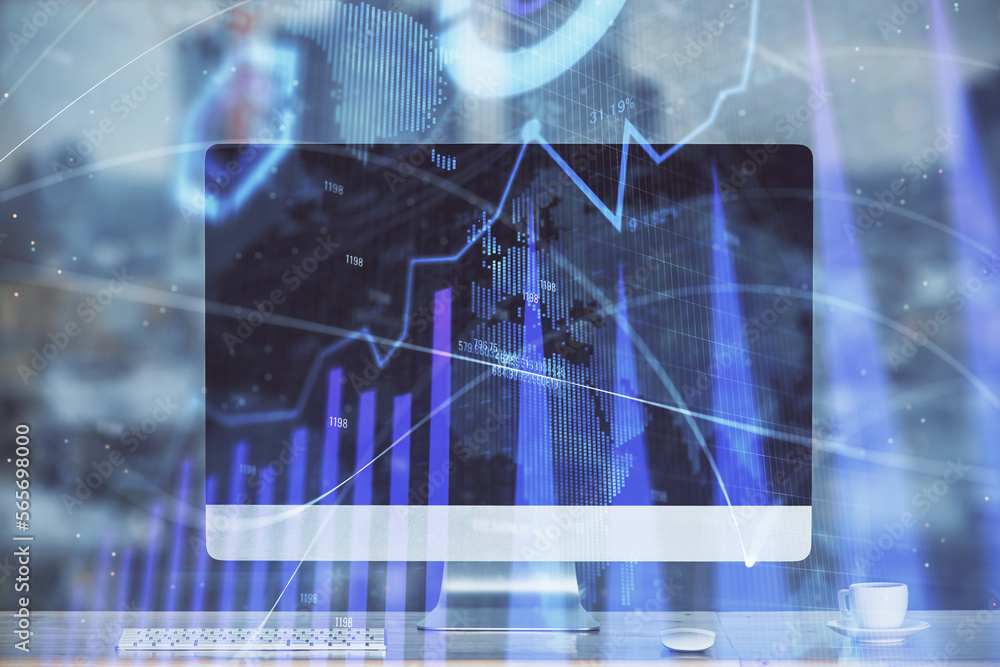 Poster Stock market graph on background with desk and personal computer. Multi exposure. Concept of financial analysis.