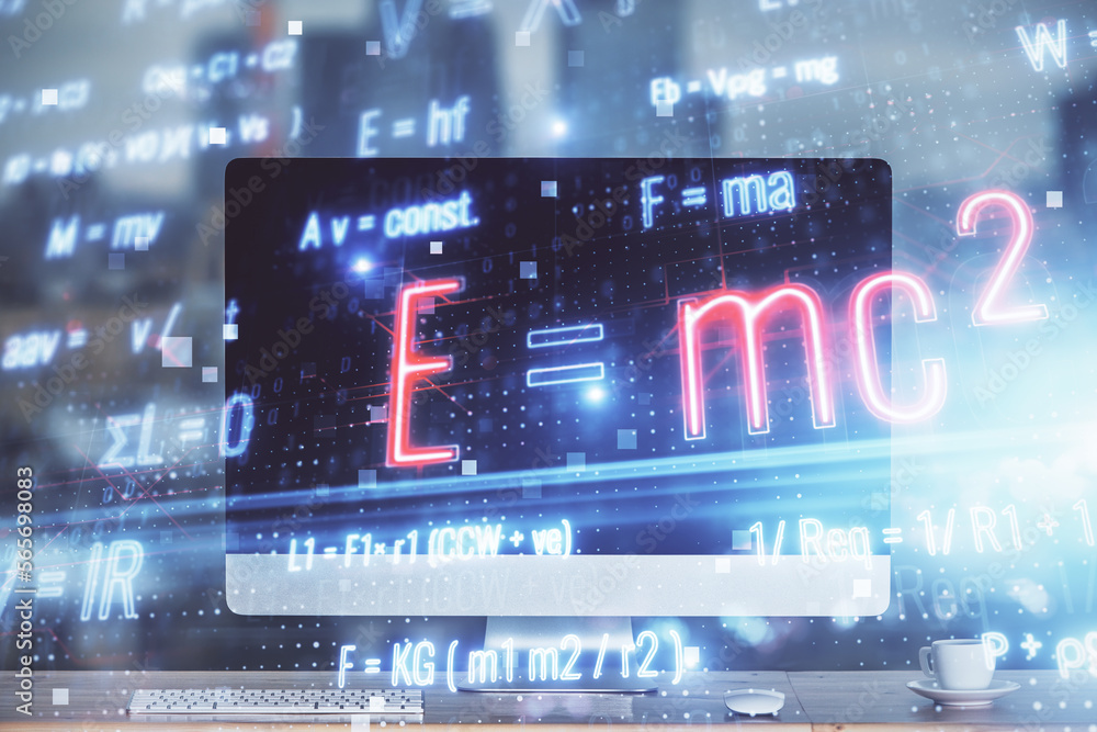 Poster desktop computer background and formula hologram writing. double exposure. education concept.