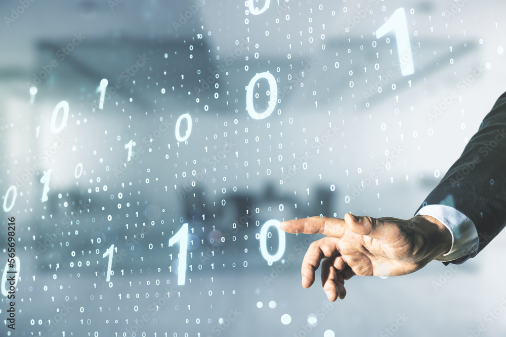 Fototapete double exposure of male hand clicks on abstract virtual binary code hologram on blurred office backg