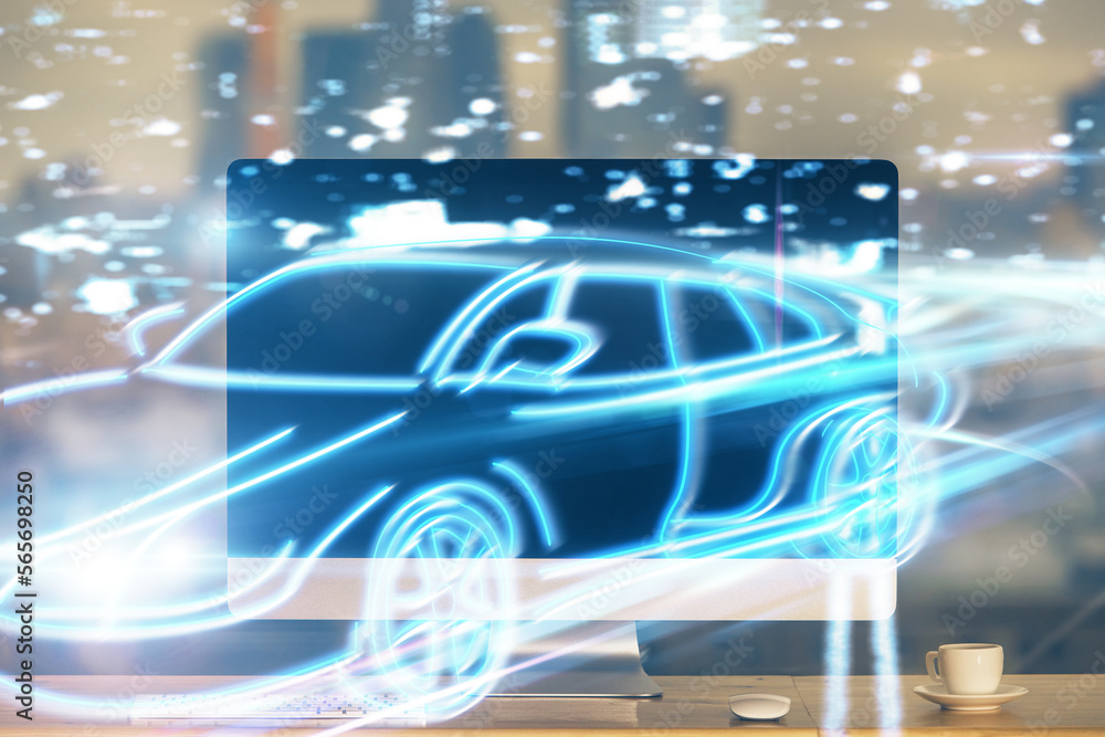 Poster Desktop computer background in office with automobile hologram drawing. Multi exposure. Tech concept.