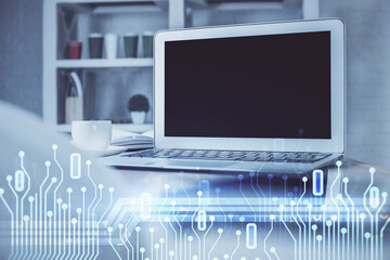 Fototapeta premium Technology theme drawing and table with computer. Multi exposure. Concept of information.