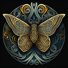 Celtic irish pattern: Emblem of a golden butterfly with intricate patterns on it's wings