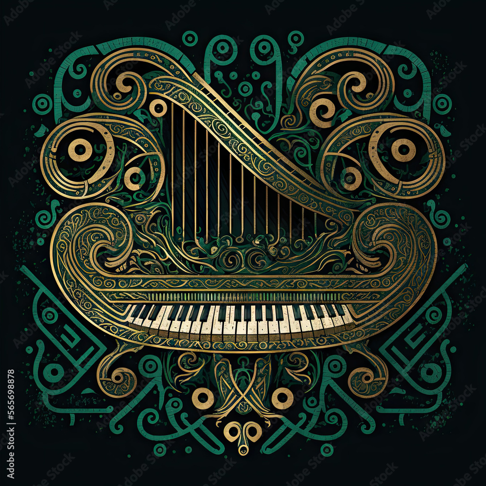 Wall mural a green and gold piano on a black background, art nouveau, calotype, artwork, ornate