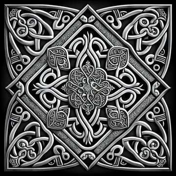 a black and white image of a celtic design, gothic art, black background, intricate patterns, intricate