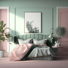 generative ai illustration - interior bedroom, minimal style, soft bright colors, pink and white, home decor