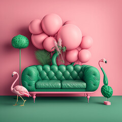 generative AI illustration with an interior living room  and a  green sofa, pink wall many confetti balloons and trendy flamingoes, pop home decor concept theme