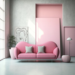 generative Ai illustration of an interior room with cozy pink sofa, soft home decor, minimal concept