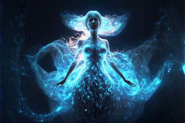 blue fantasy magical dancing water elemental fairy with glowing lights, generative ai