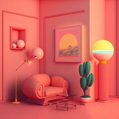 generative Ai illustration of an interior living room, futuristic decor furniture, neon vibrant colors, geometric lines
