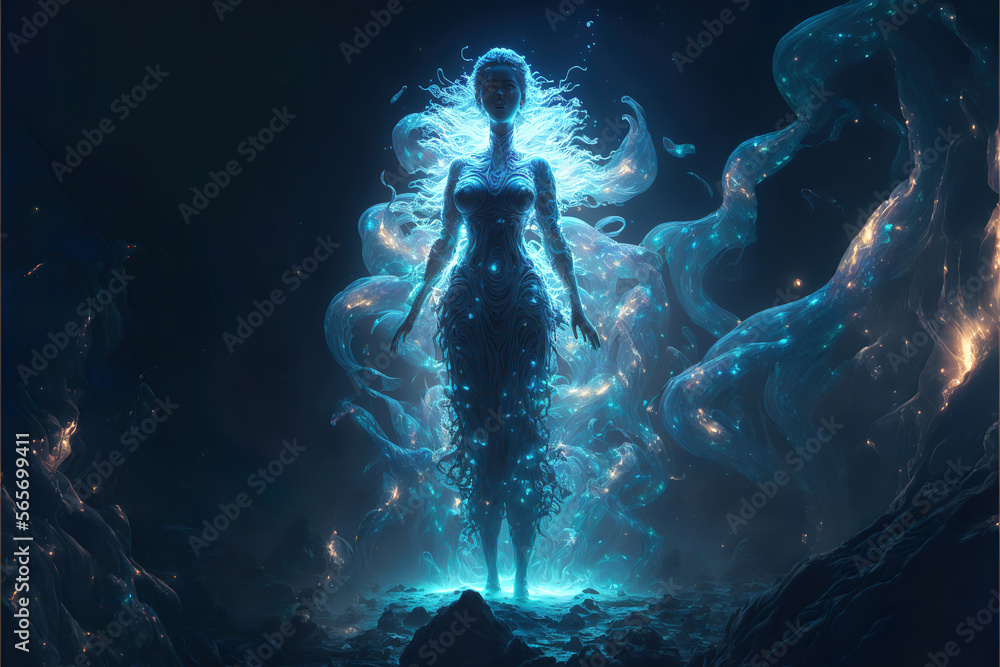 Wall mural blue fantasy magical dancing water elemental fairy with glowing lights, generative ai