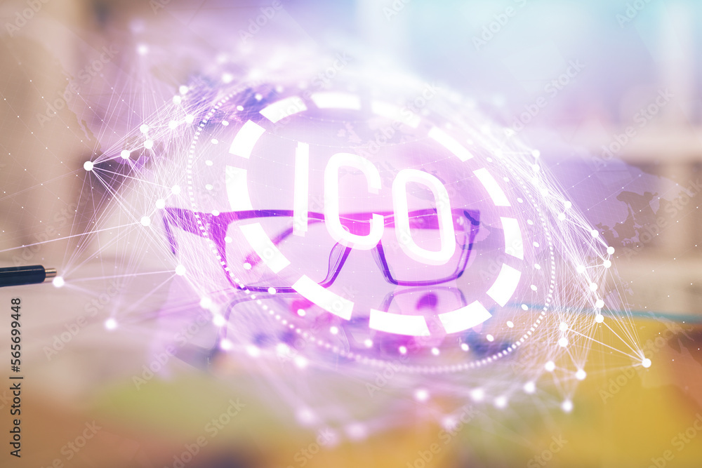 Poster crypto theme hologram with glasses on the table background. concept of blockchain. double exposure.