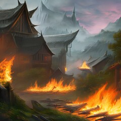 Terrible fantasy scene of a dragon burning down a village3, Generative AI