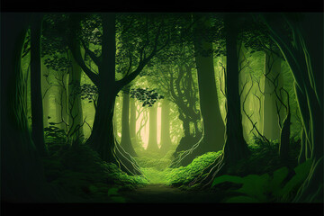 Misty foggy fantasy green ancient celtic forest with lush foliage, calm nature organic background, generative ai
