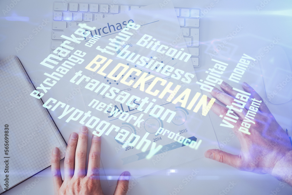 Aufkleber man's hands working with notes background. cryptocurrency and finance concept.
