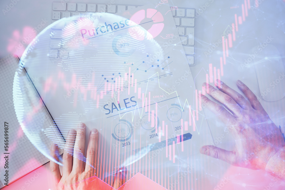 Poster double exposure of hands and notepad with business icons.