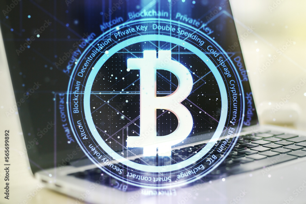 Poster Double exposure of creative Bitcoin symbol with modern laptop on background. Cryptocurrency concept