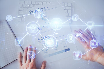 Man's hands working with notes background. Social networking scheme . Mixed media