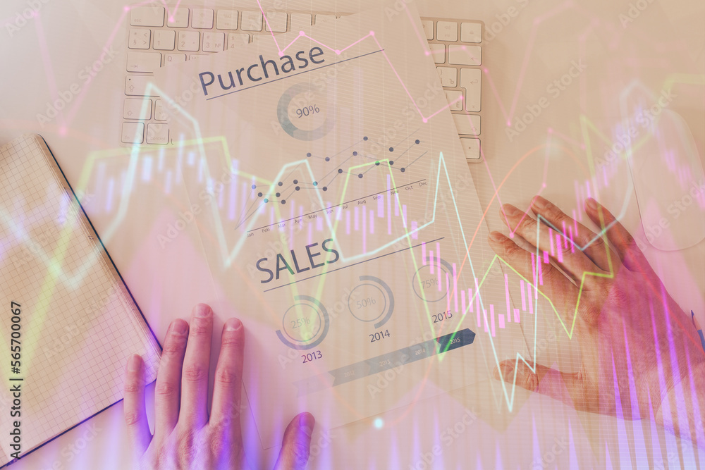 Poster FOREX chart multi exposure with work table background.