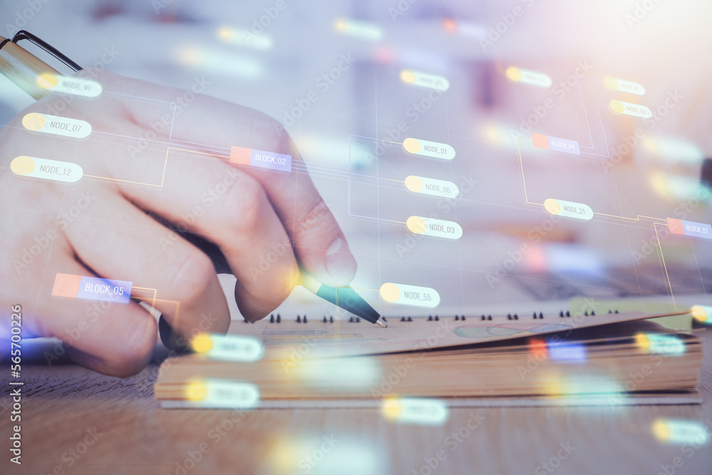 Poster Writing Man hands with data theme multi exposure icons.