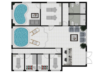 Floor plan spa. 3d render of wellness massage room. Isometric artwork concept of a interior of a spa.