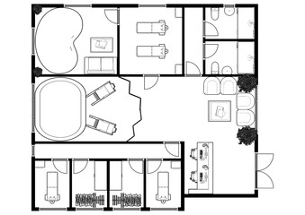 Floor plan spa. 3d render of wellness massage room. Isometric artwork concept of a interior of a spa.