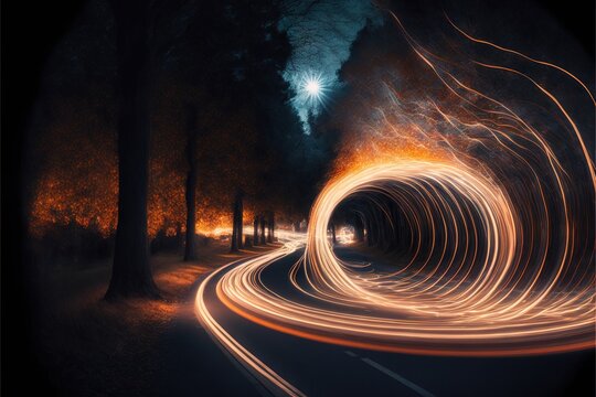  A Long Exposure Photo Of A Road With A Light Painting Effect On It's Side And Trees On The Other Side Of The Road.  Generative Ai