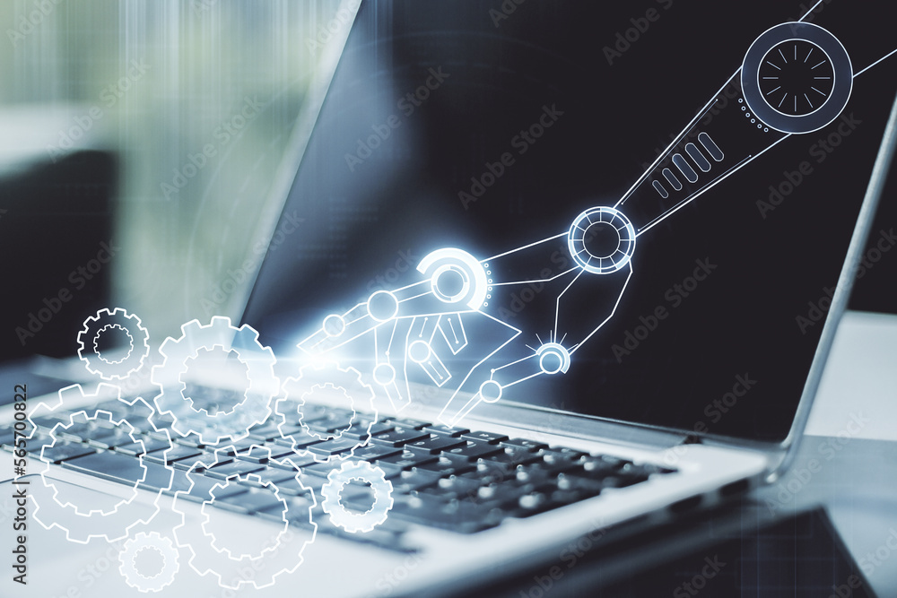 Poster creative concept of robotics technology on modern laptop background. robot development and automatio