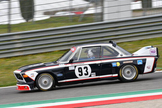 Scarperia, 3 April 2022: BMW 3.0 CSL 1975 driven by unknown in action during Mugello Classic 2022 at Mugello Circuit in Italy.