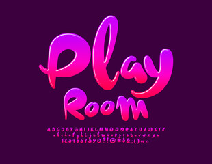 Vector bright Emblem Play Room. Funny Glossy Font. Modern Alphabet Letters, Numbers and Symbols