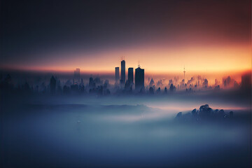 A city skyline obscured by fog, made using generative ai