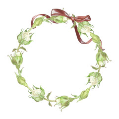 Watercolor illustration. Round wreath of white roses buds with leaves and a red bow on top. Place for inscription or text. Isolated on a white background. For design of dishes, wedding invitation