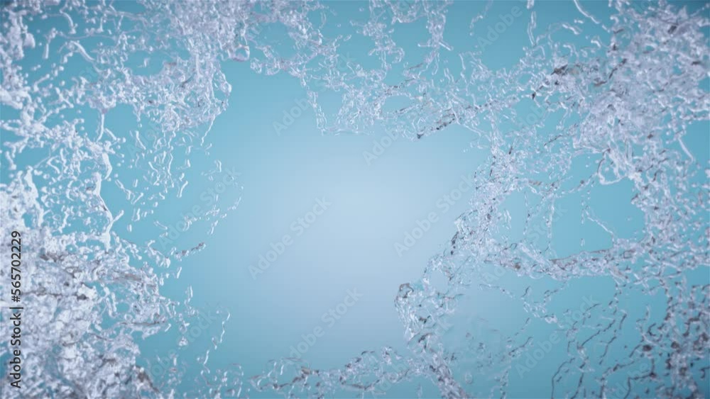 Poster water liquid twist force and splash to camera top view on blue background with 3d rendering .