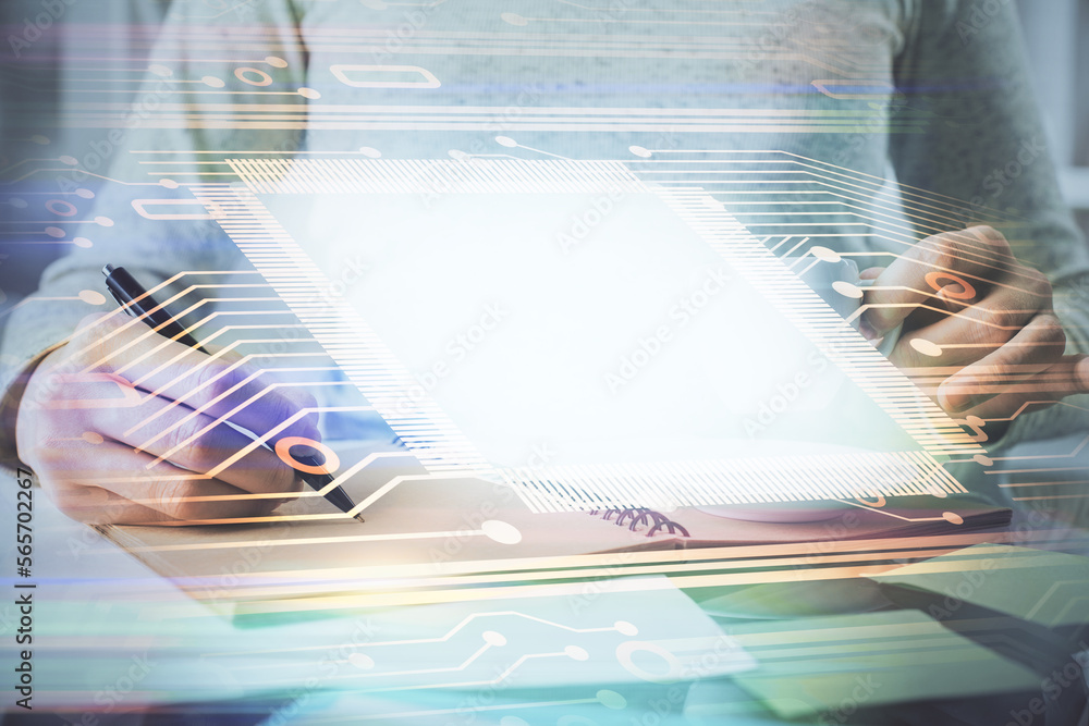 Poster double exposure of writing hand on background with data solution technology hologram. ai concept.