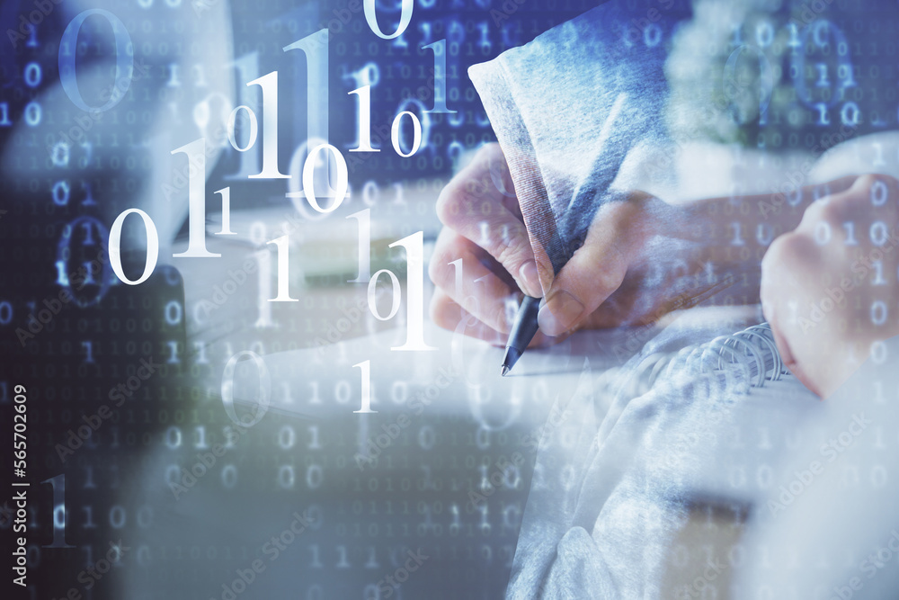 Poster Double exposure of woman's hands on background with technology and digital coding icons. Data development concept. Close up.