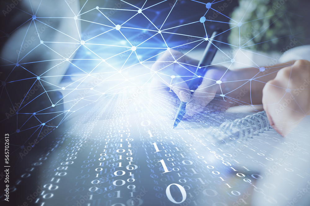 Aufkleber Double exposure of woman's hands on background with technology and digital coding icons. Data development concept. Close up.