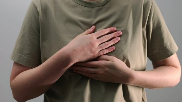 Acute pain in chest. Solar plexus ache. Painful heart attack, stress, pressure, sudden stroke