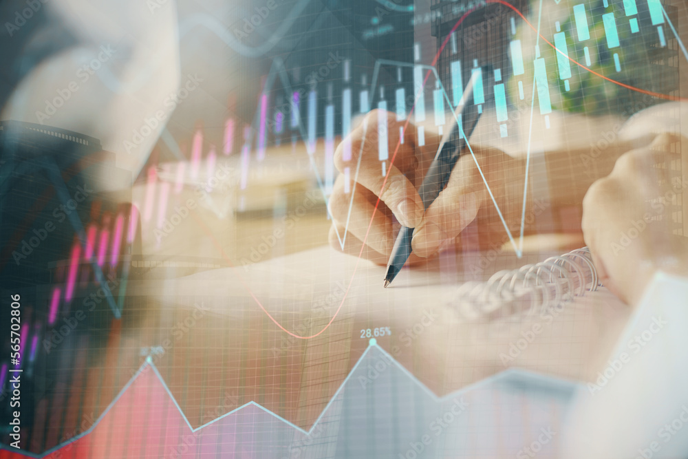 Poster financial forex graph displayed on hands taking notes background. concept of research. multi exposur