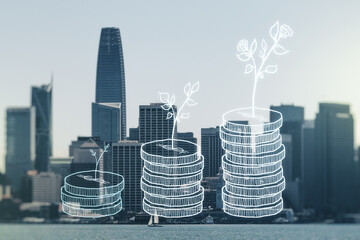 Virtual money savings sketch on San Francisco office buildings background, accumulation and growth...
