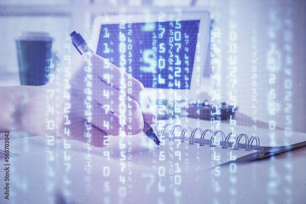 Aufkleber Double exposure of hands making notes with digital coding icons. Computer learning concept.