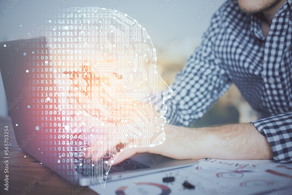 Poster Man typing on keyboard background with brain hologram. Concept of big Data.