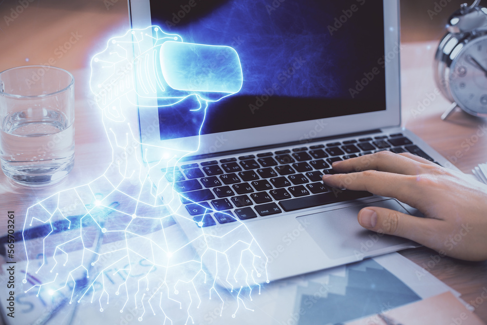 Poster AR hologram with man working on computer on background. Augmented reality concept. Double exposure.